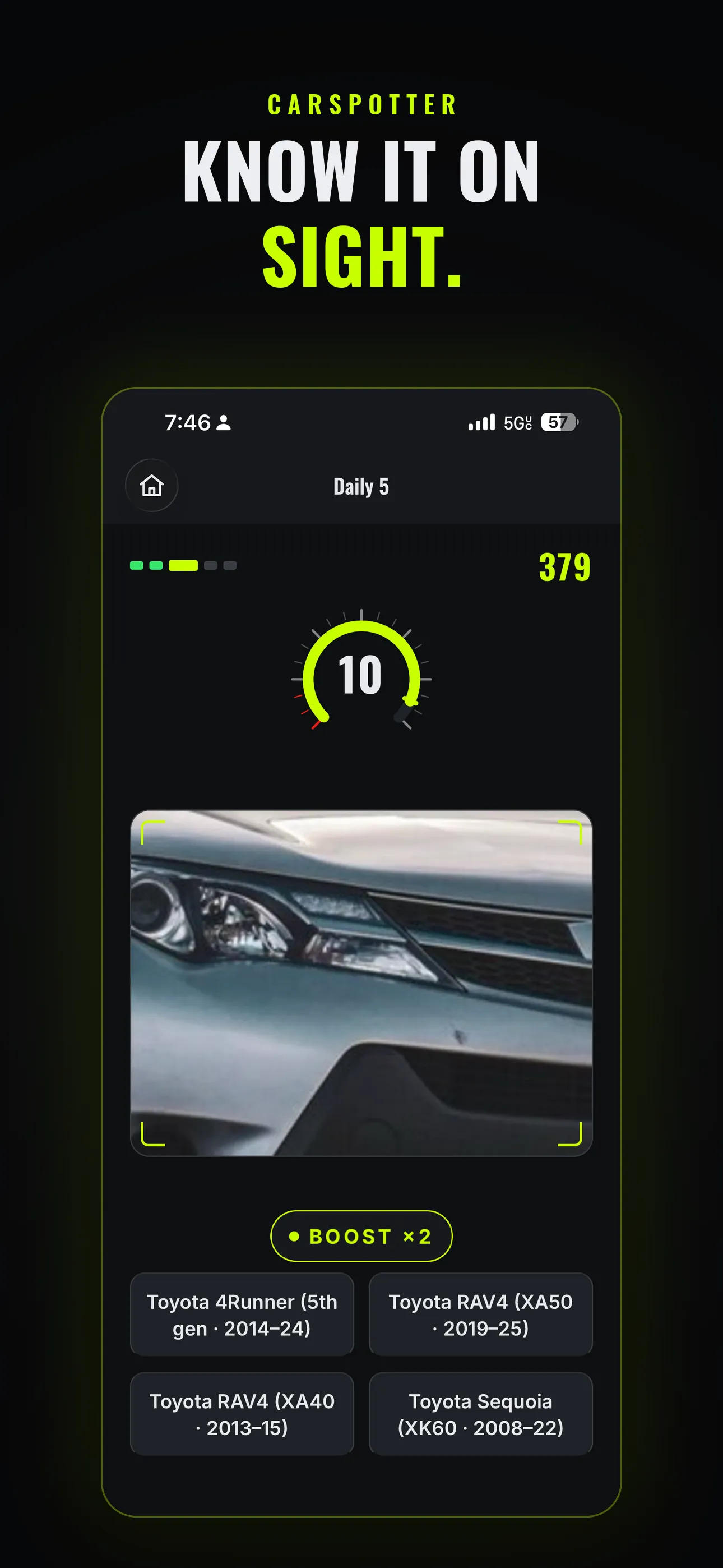 CarSpotter result screen: a run score with a combo multiplier and a rank.