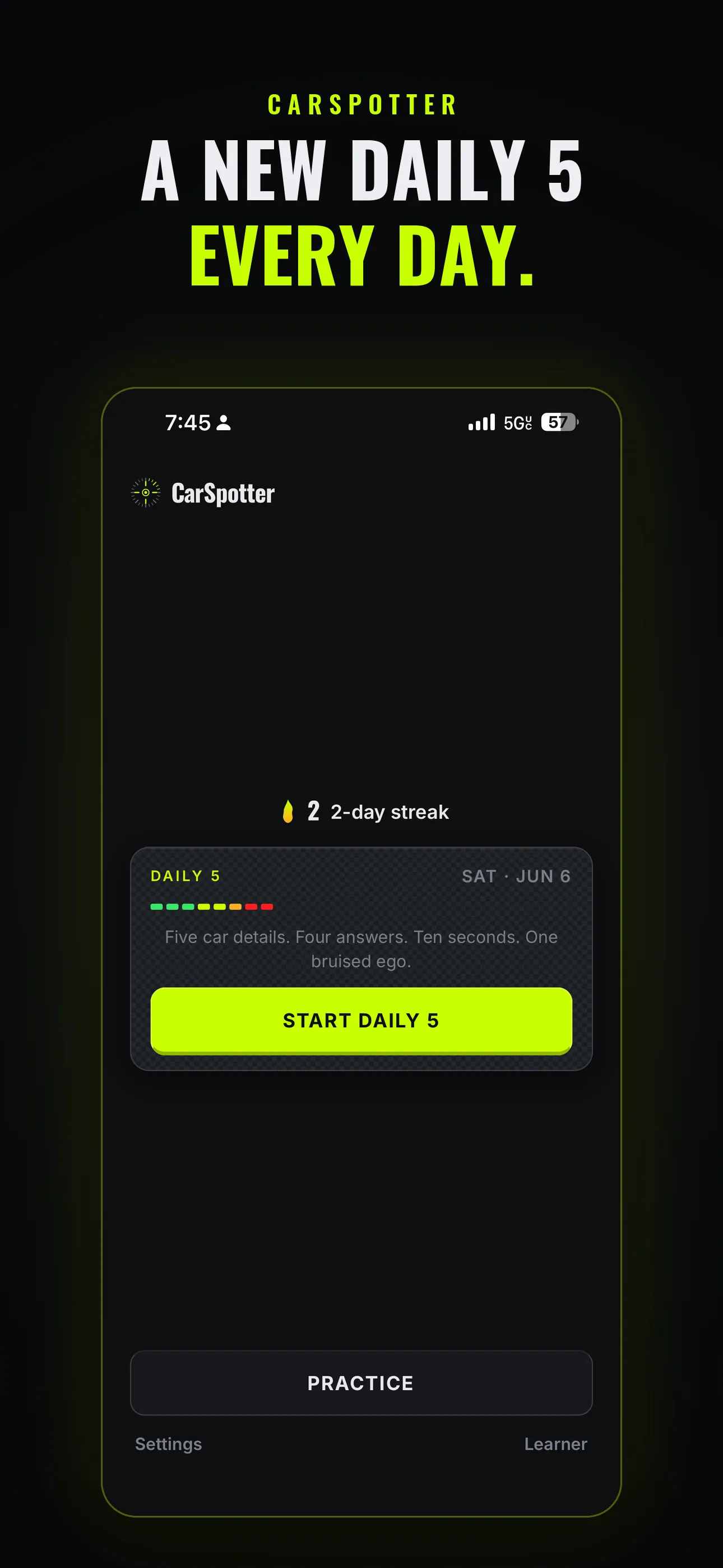 CarSpotter home: today's Daily 5 with the five clue slots and a streak counter.