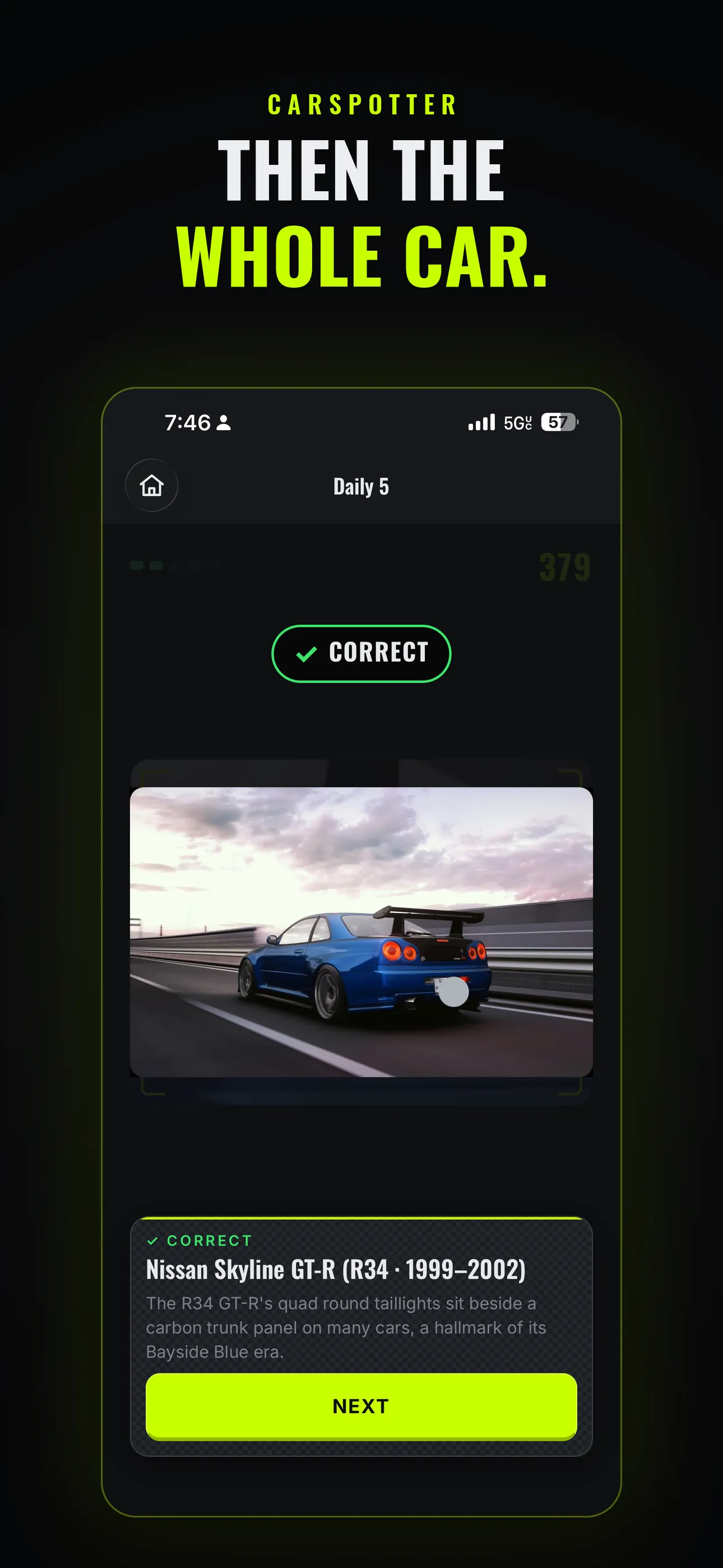 CarSpotter reveal screen: the cropped detail has zoomed out to the full car, with the model named and a one-line fact beneath it.