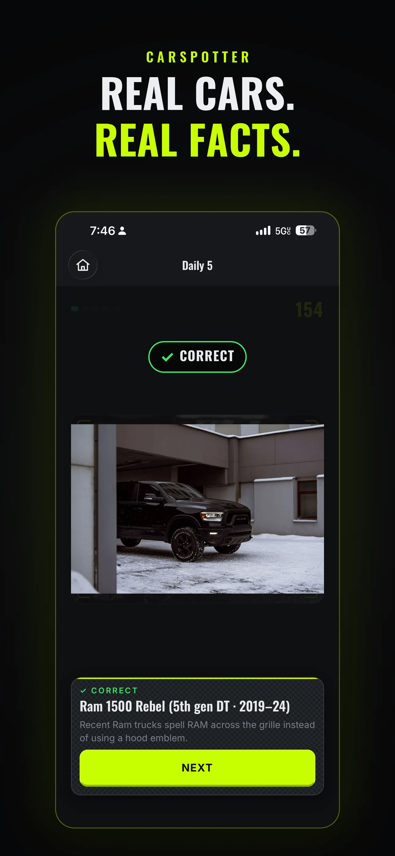 CarSpotter reveal: a second full-car reveal with the model named and a fact.