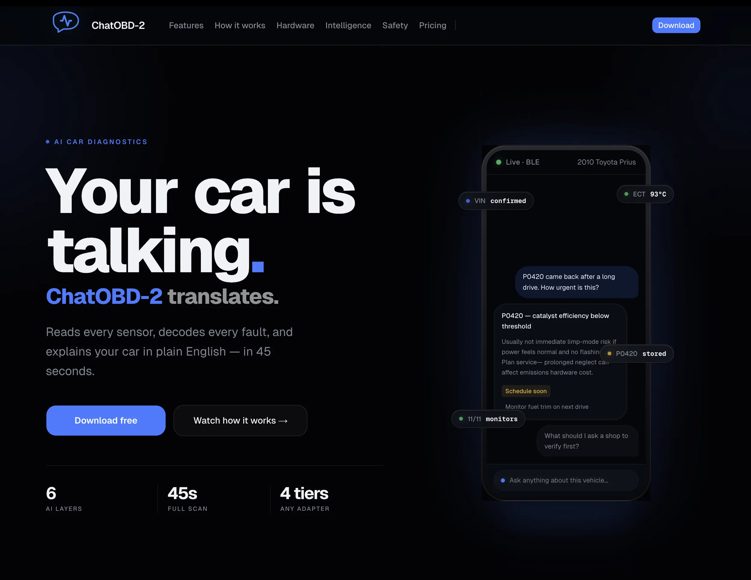 ChatOBD2 marketing hero with phone mockup of a live diagnostic chat.
