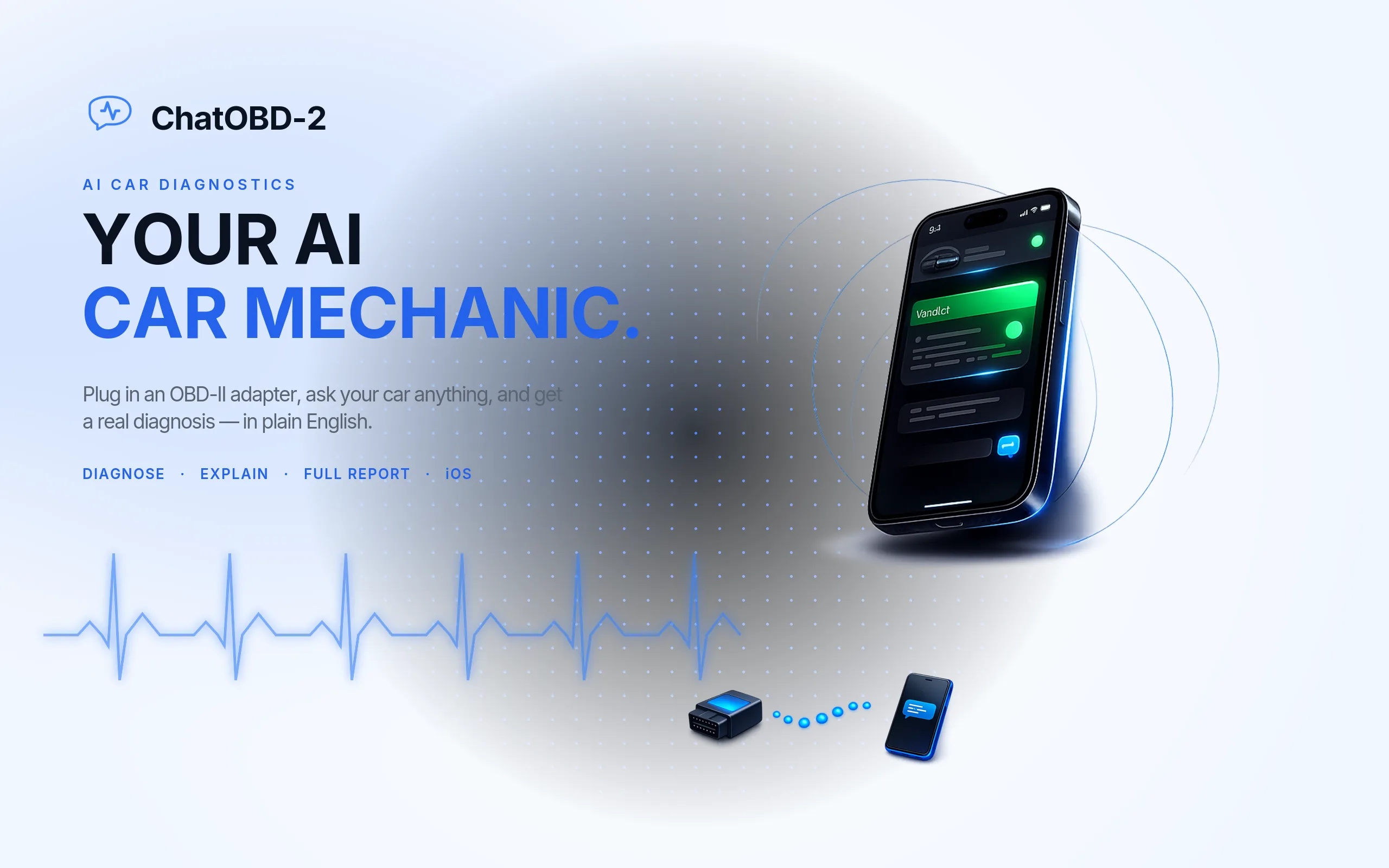 ChatOBD2 portfolio poster — a light blue tech layout with the AI car-diagnostics app and an OBD-II adapter.