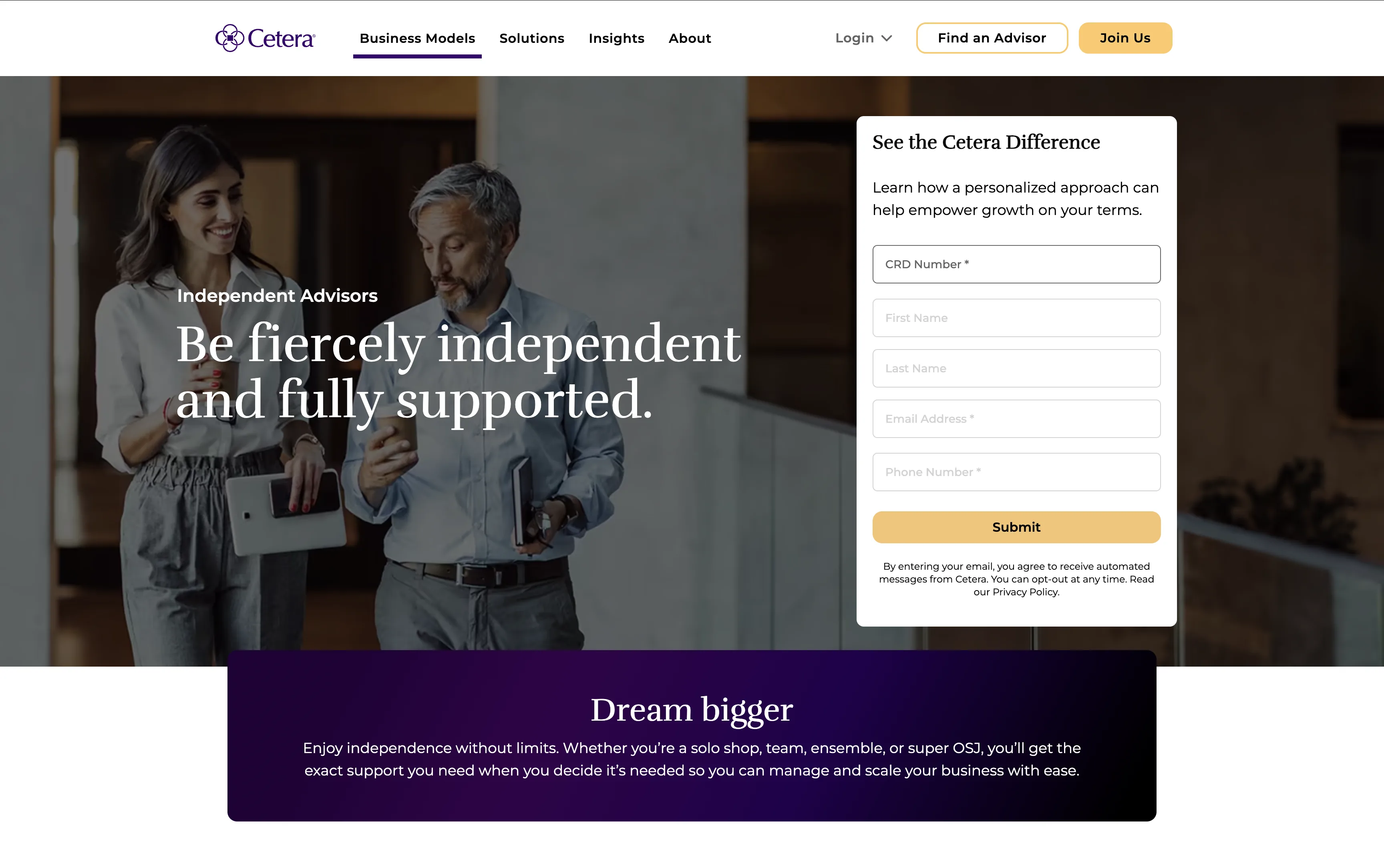 Cetera homepage built on the InvestCloud framework.