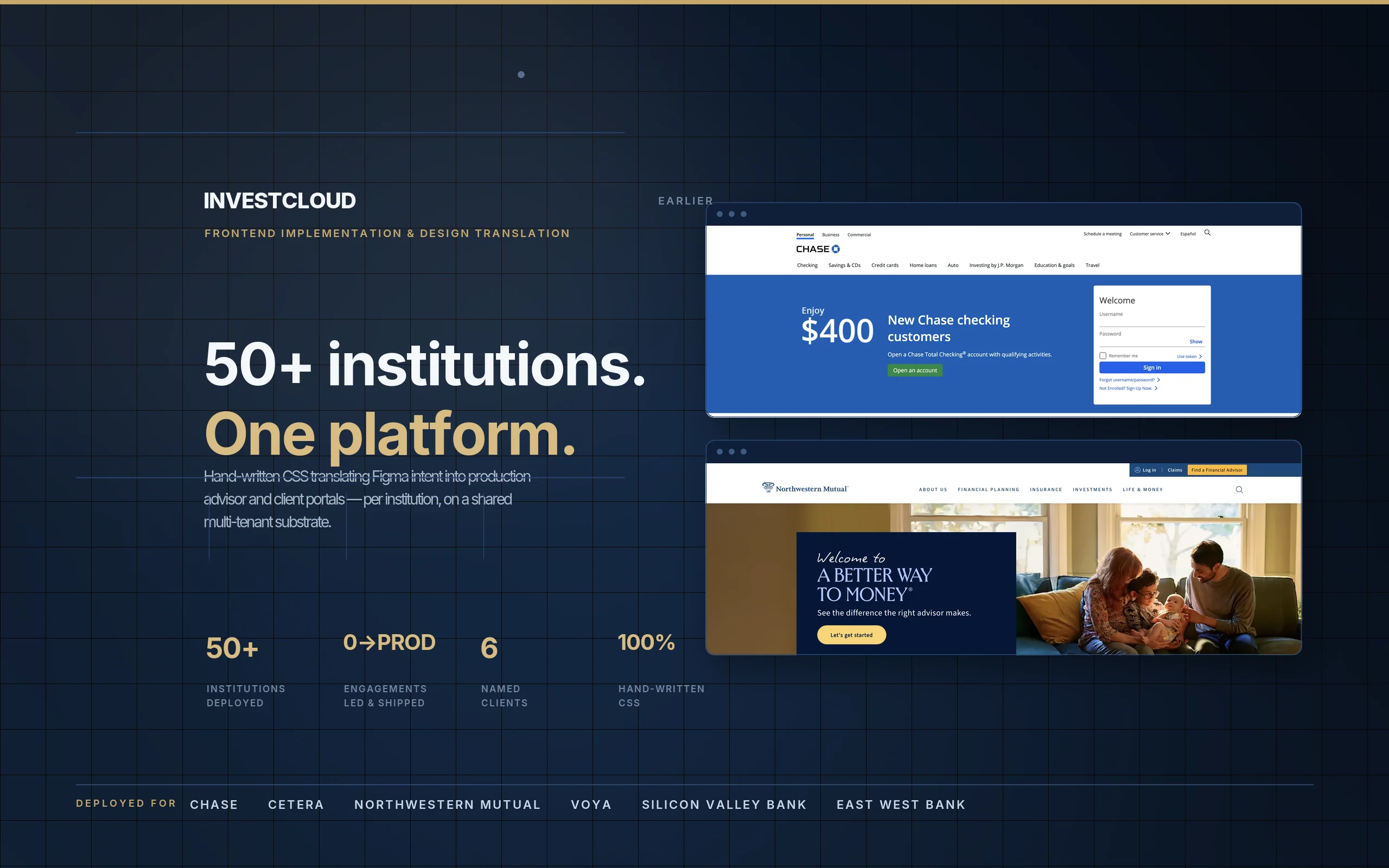 InvestCloud experience poster — a navy financial layout with two advisor-portal browser windows and a client roster.