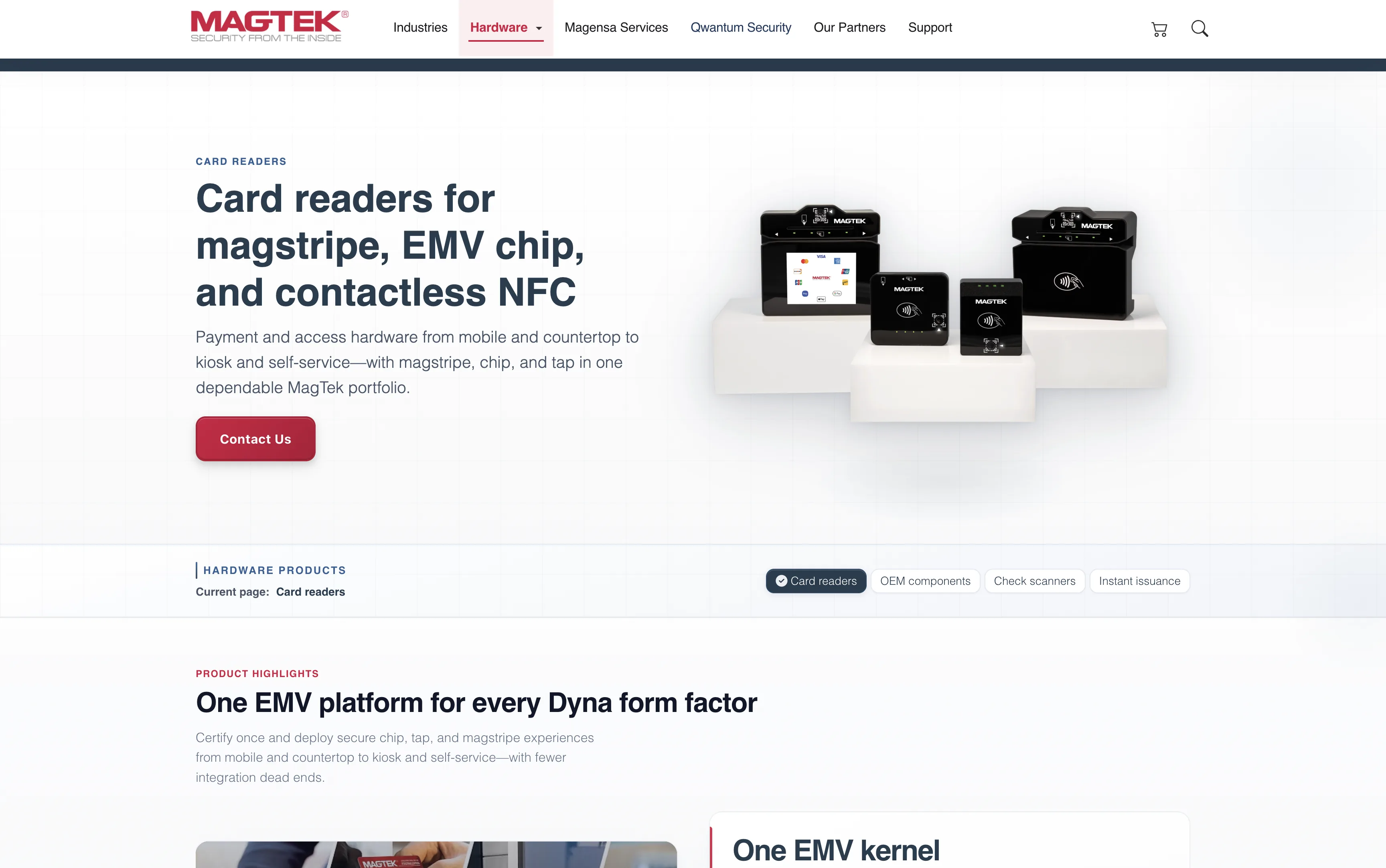 MagTek card readers product page with photography and CTAs.