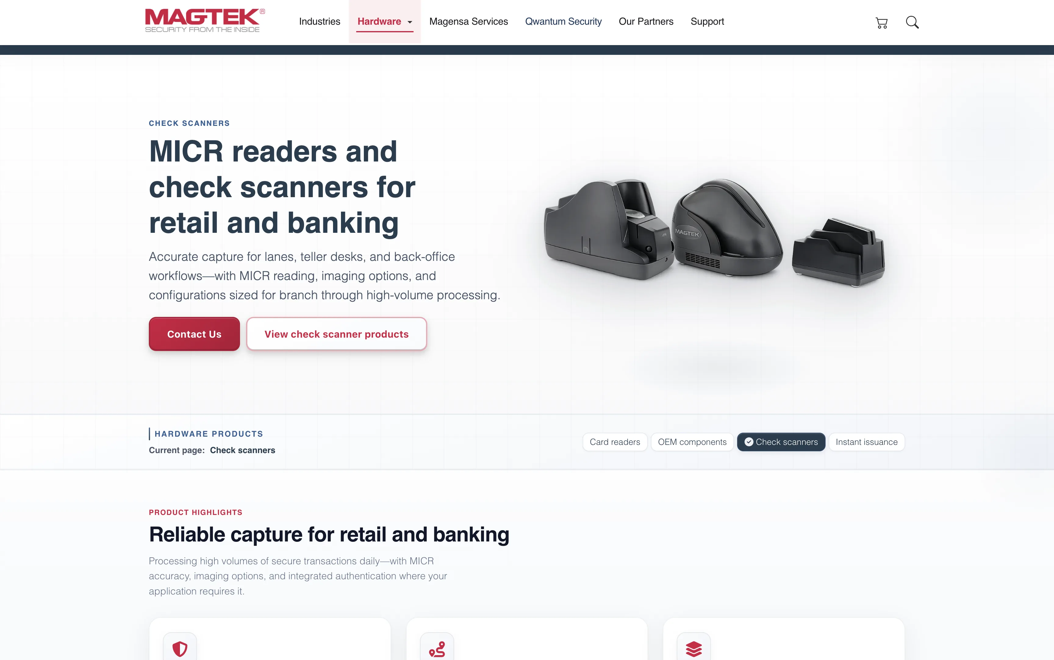 MagTek hardware page — MICR readers and check scanners for retail and banking.