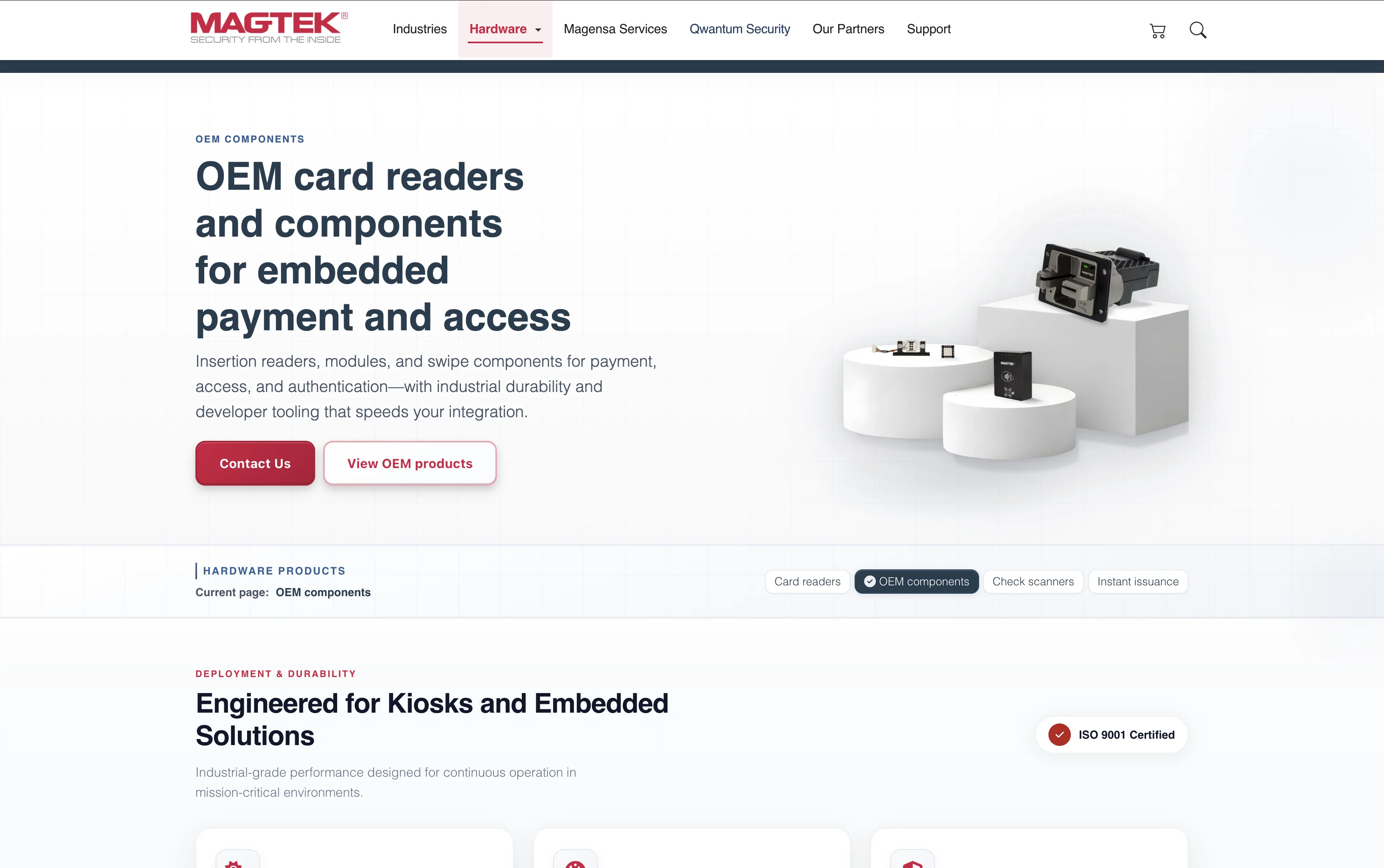 MagTek hardware page — OEM card readers and components for embedded payment and access.