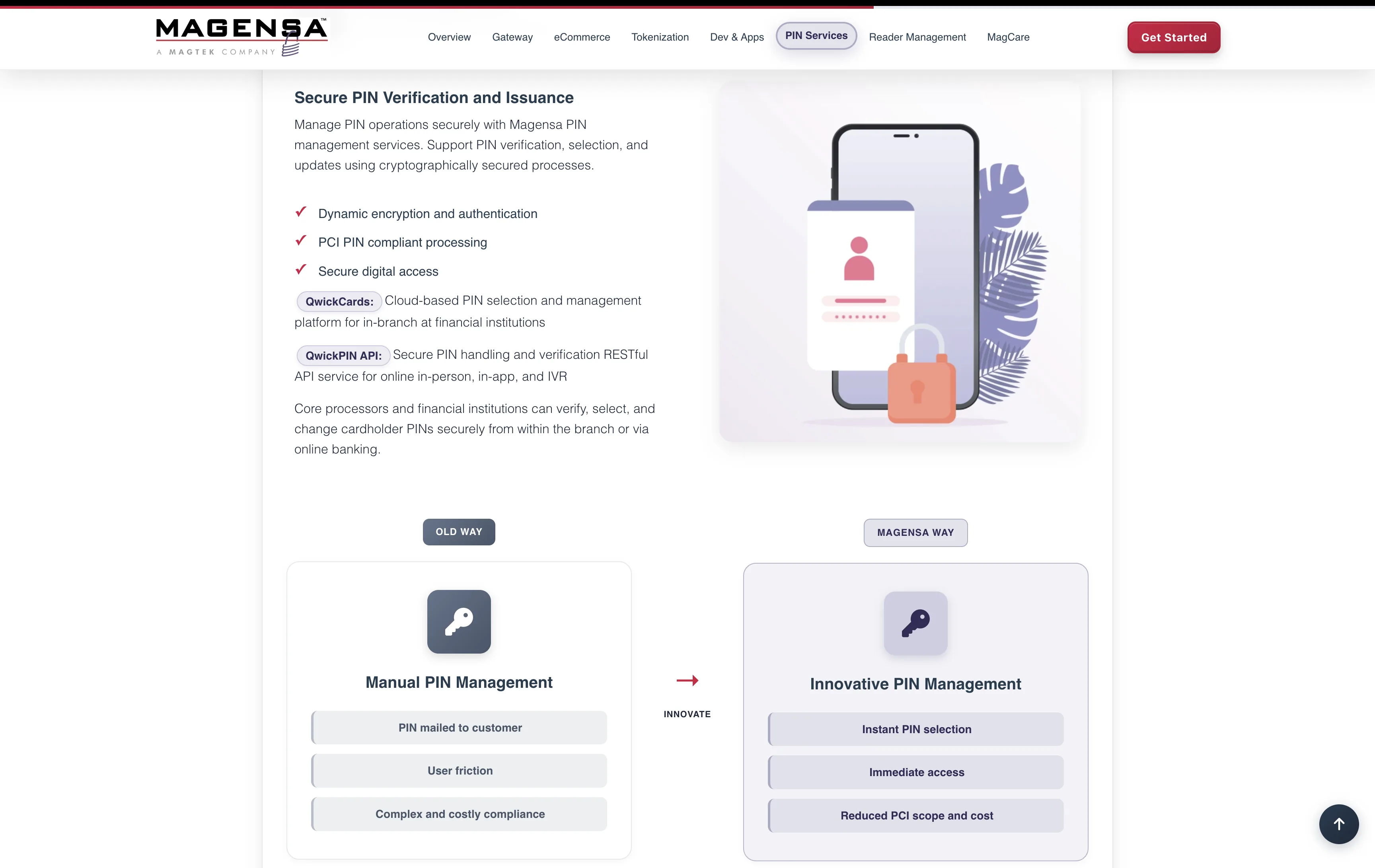 Magensa PIN Services page scrolled, showing the compacted sticky header with a Get Started CTA appearing on scroll.