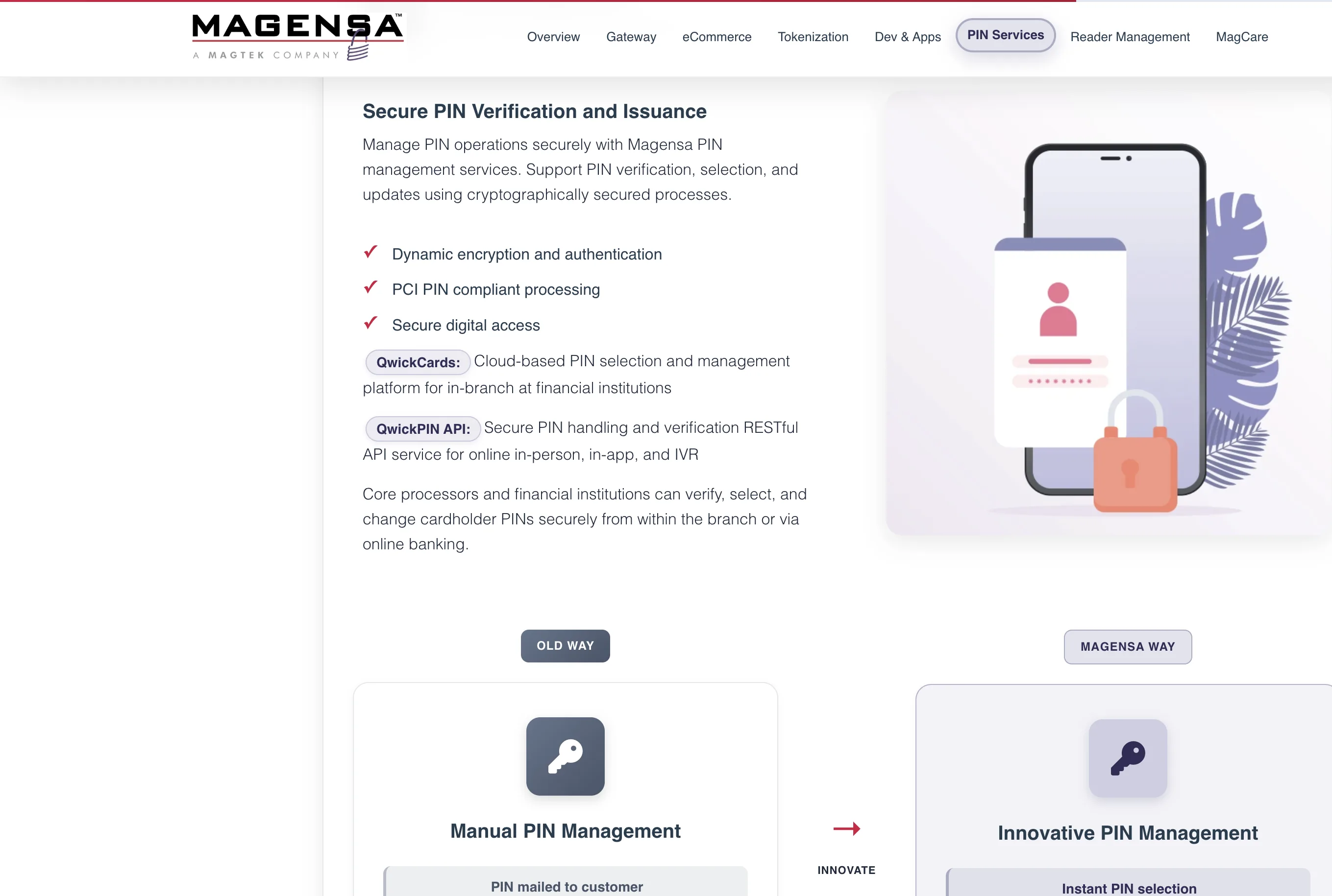 Magensa PIN Services page — Secure PIN Verification and Issuance, with Old Way vs Magensa Way comparison.