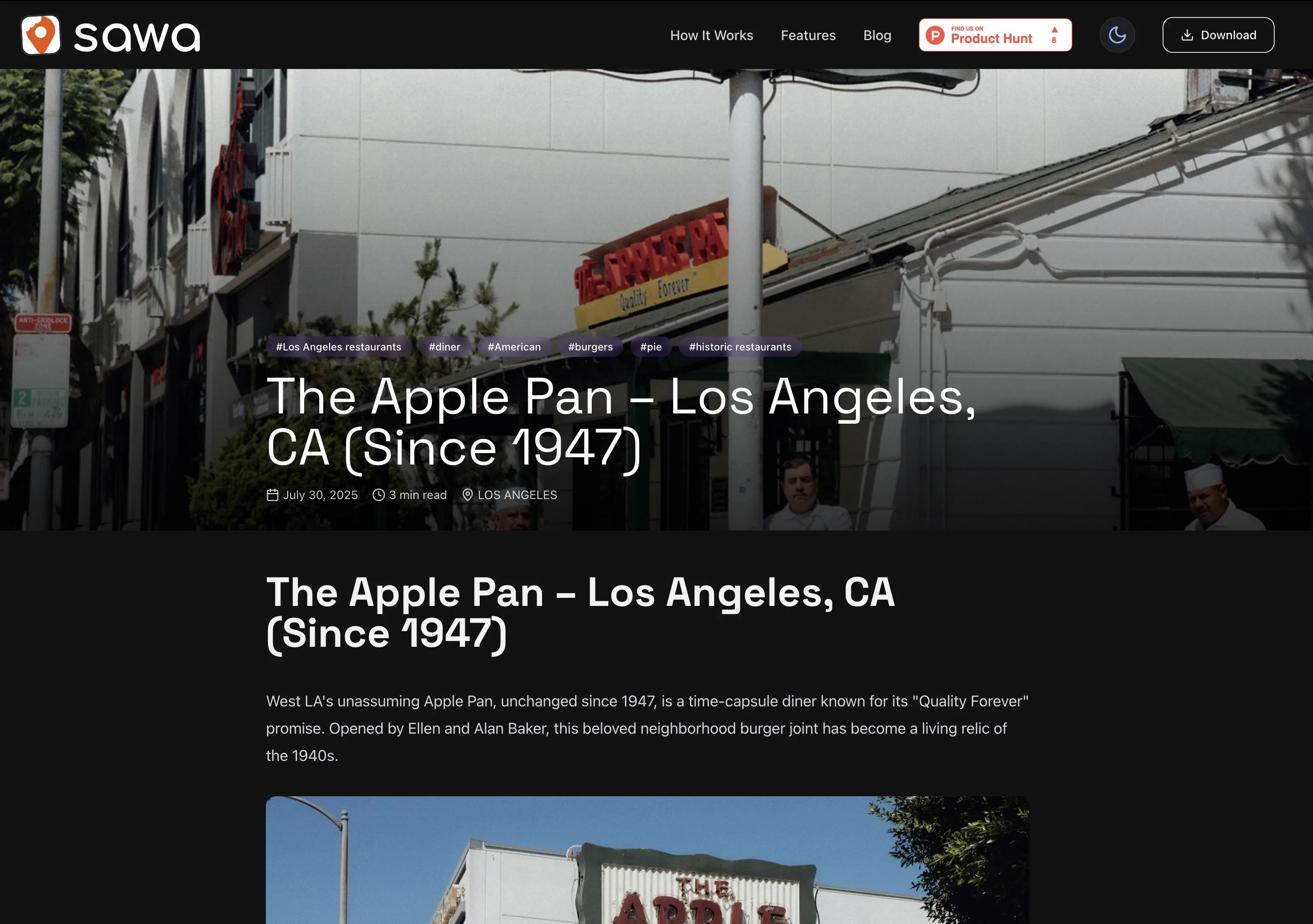 Sawa article page — The Apple Pan, Los Angeles, CA (Since 1947). Restaurant feature with hero photography, tags, date, and editorial body.