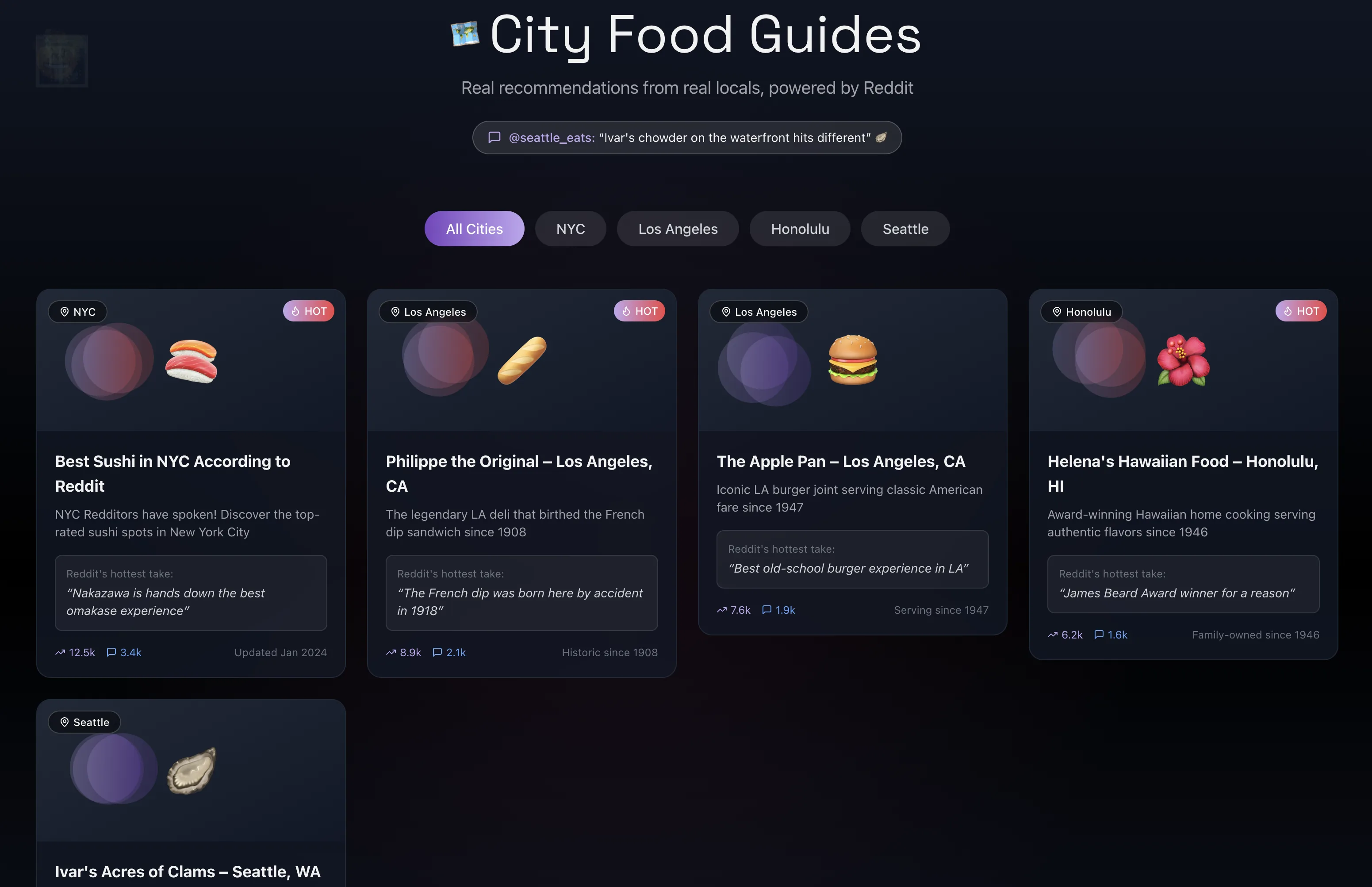Sawa City Food Guides — Real recommendations from real locals, powered by Reddit. Filter pills for All Cities, NYC, Los Angeles, Honolulu, Seattle.