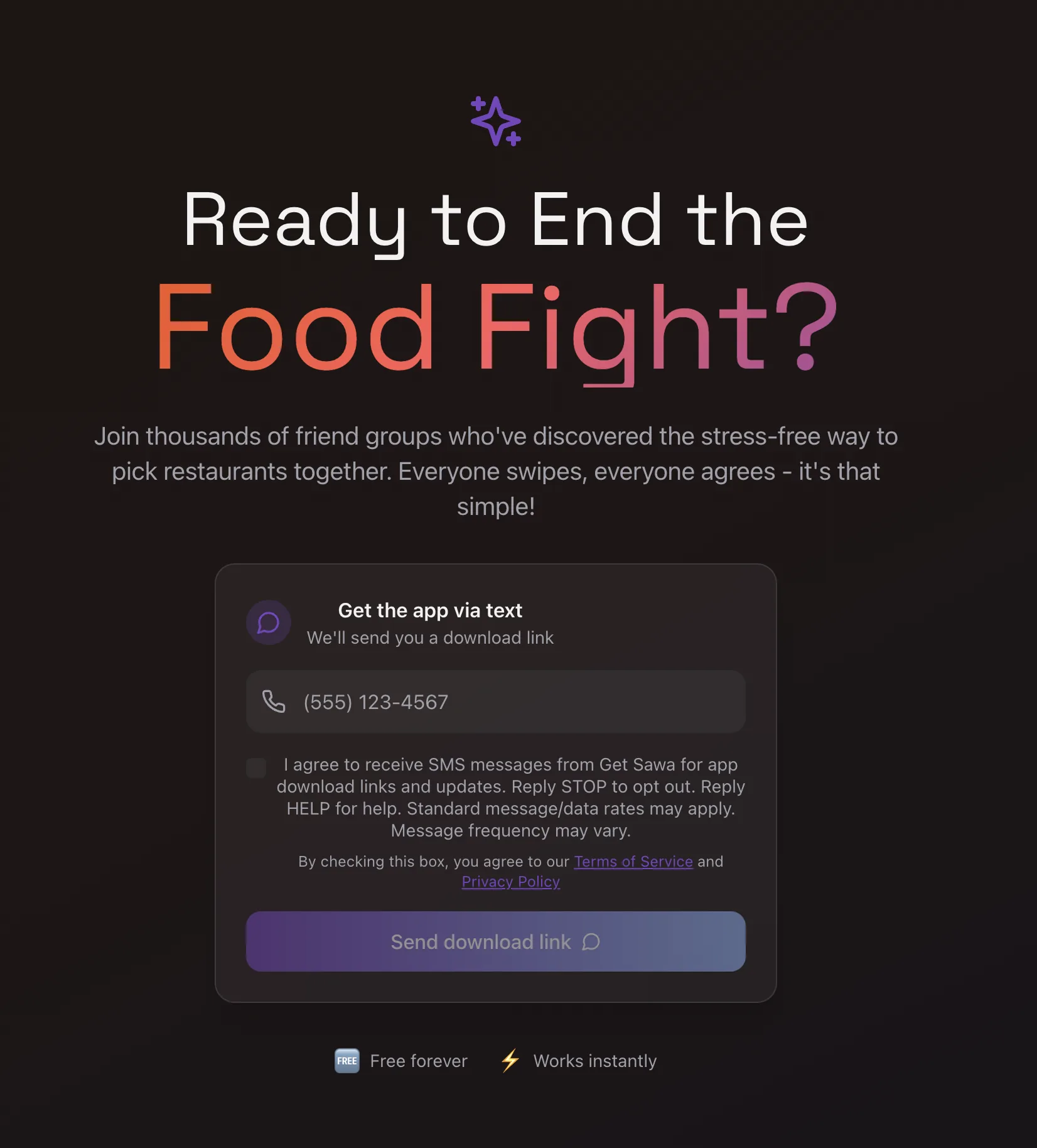 Sawa final CTA section — Ready to End the Food Fight? With an SMS download form.