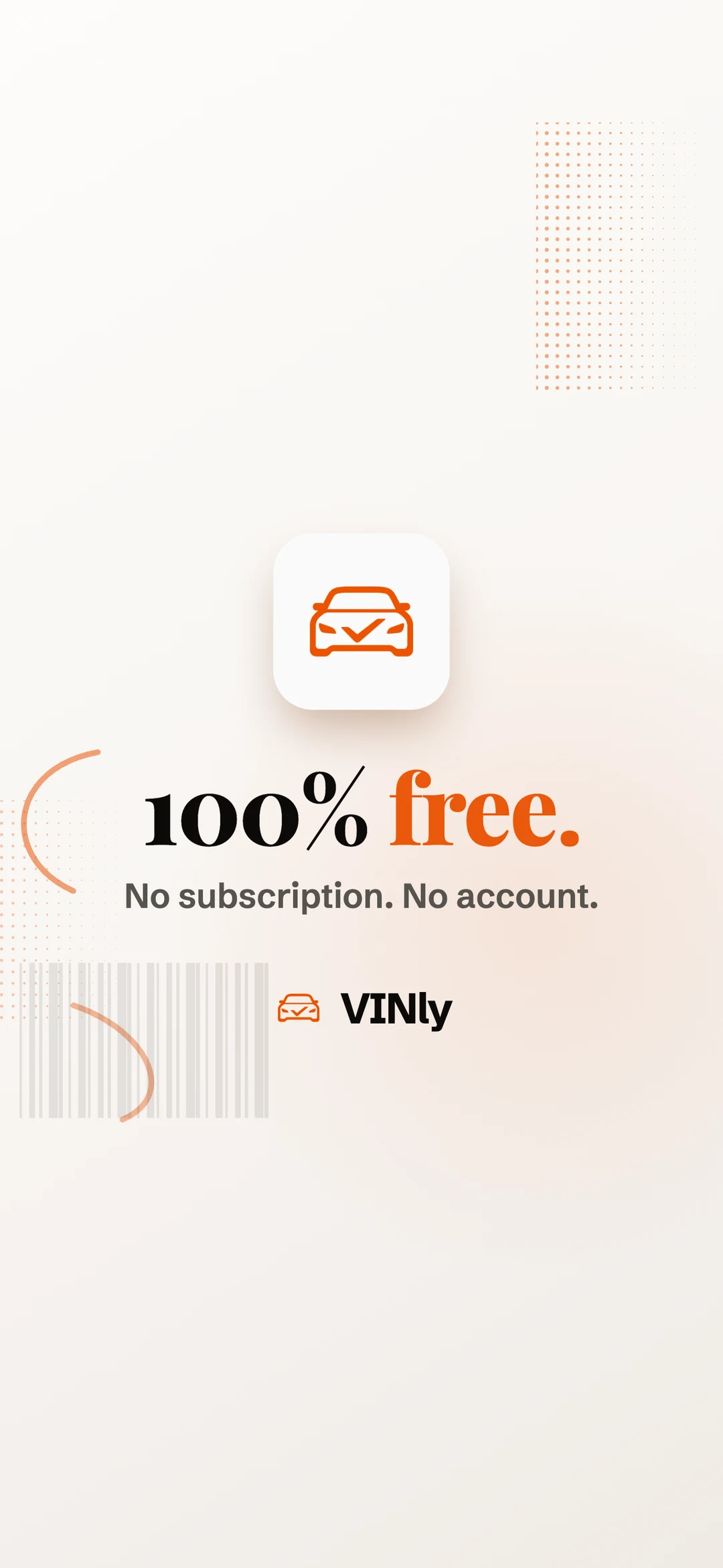 VINly App Store poster: the app icon over the headline '100% free.' and the line 'No subscription. No account.'