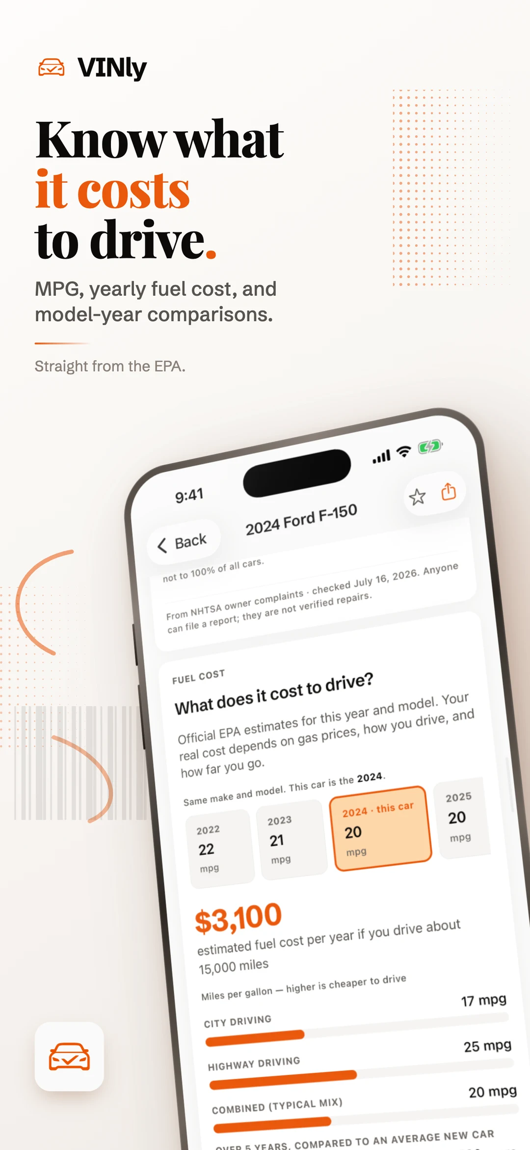 VINly App Store poster: the headline 'Know what it costs to drive.' over the fuel chapter for a 2024 Ford F-150, comparing MPG across model years, then an estimated $3,100 a year in fuel at 15,000 miles, with city, highway and combined figures from the EPA.