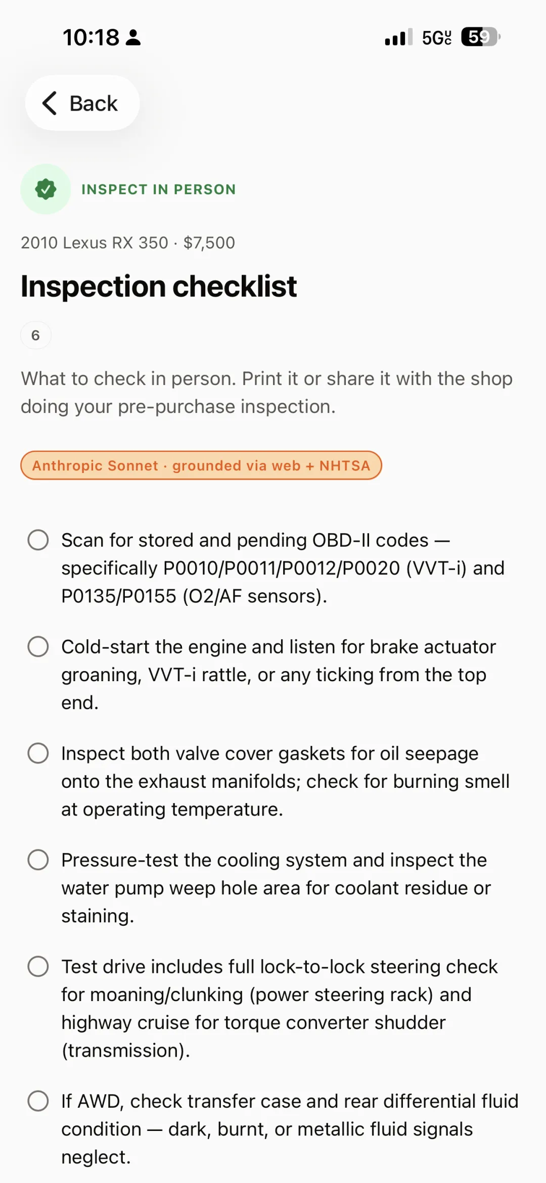 VINly inspection checklist for a 2010 Lexus RX 350: scan for OBD-II codes P0010–P0020 and P0135/P0155, check valve cover gaskets, pressure-test the cooling system, listen for VVT-i rattle — printable for the shop.