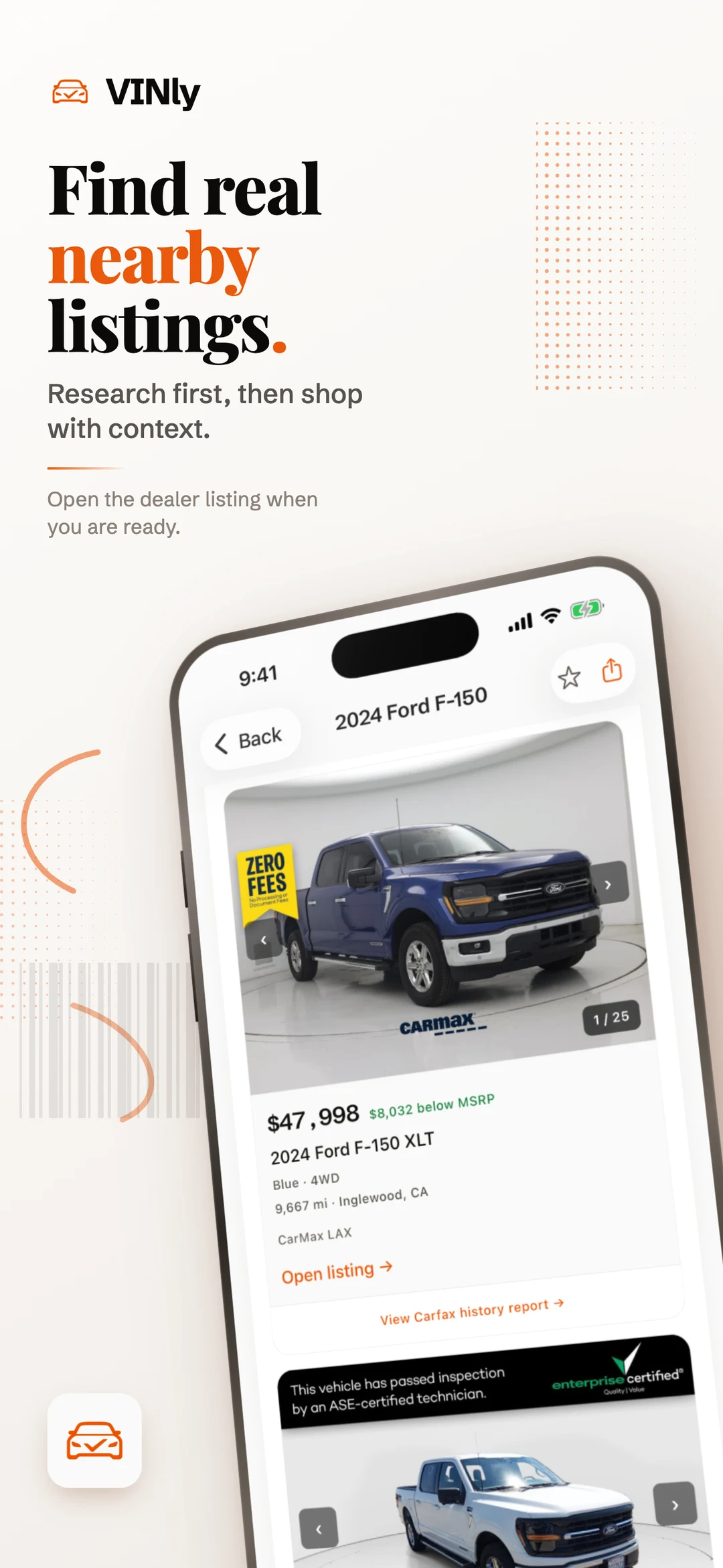 VINly App Store poster: the headline 'Find real nearby listings.' over live dealer listings for a 2024 Ford F-150, the first a blue XLT at $47,998 and $8,032 below MSRP with 9,667 miles in Inglewood, California from CarMax, with an Open listing link.