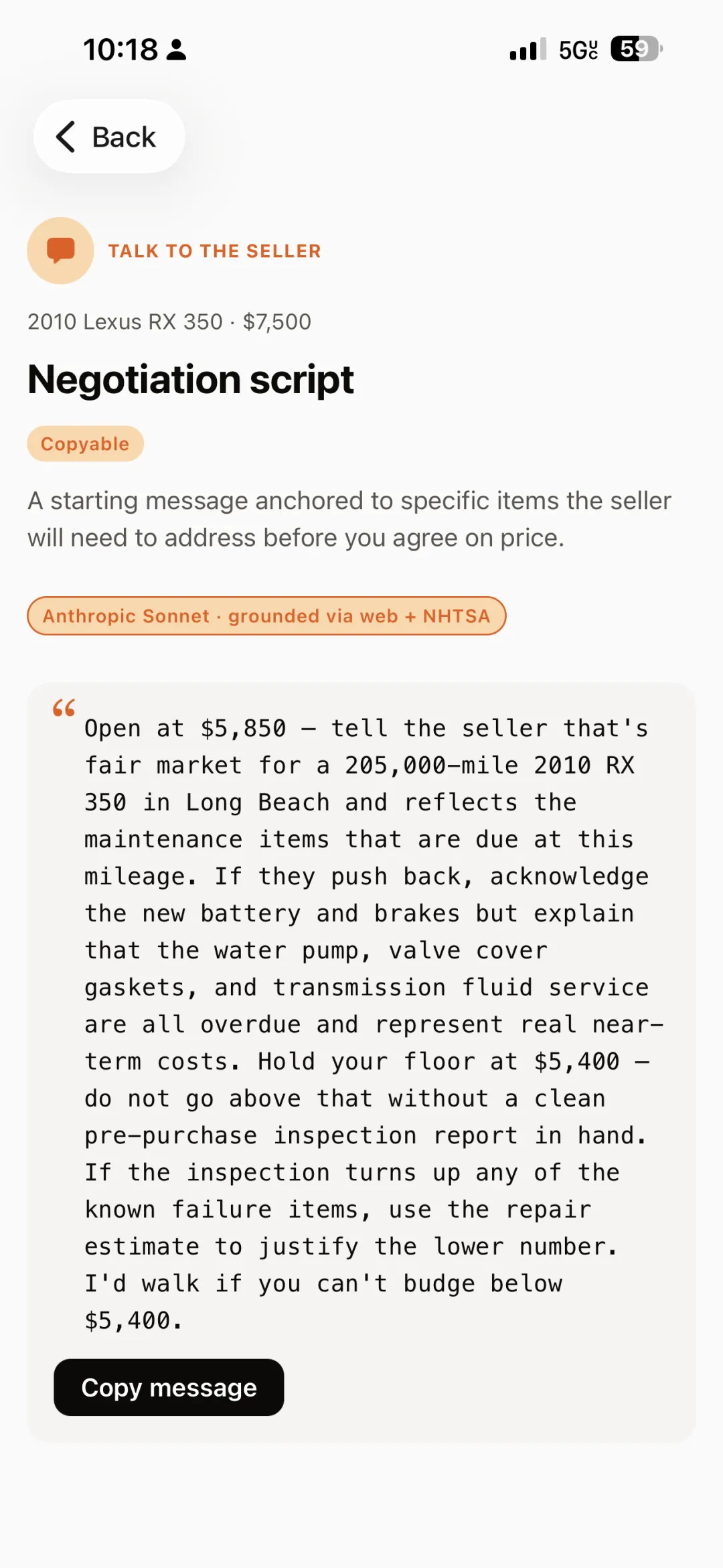 VINly negotiation script: a copyable message opening at $5,850 for a 205,000-mile 2010 RX 350, holding a $5,400 floor, citing overdue water pump, valve cover gaskets, and transmission service.