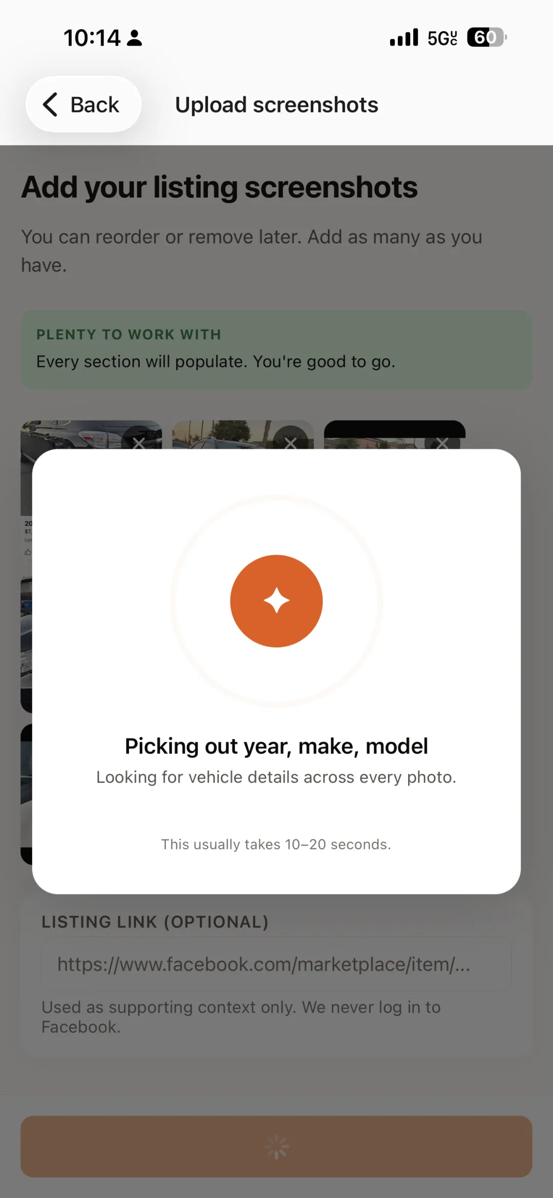 VINly upload screen: a modal reads 'Picking out year, make, model — looking for vehicle details across every photo,' over a grid of listing screenshots. An optional listing-link field notes 'We never log in to Facebook.'