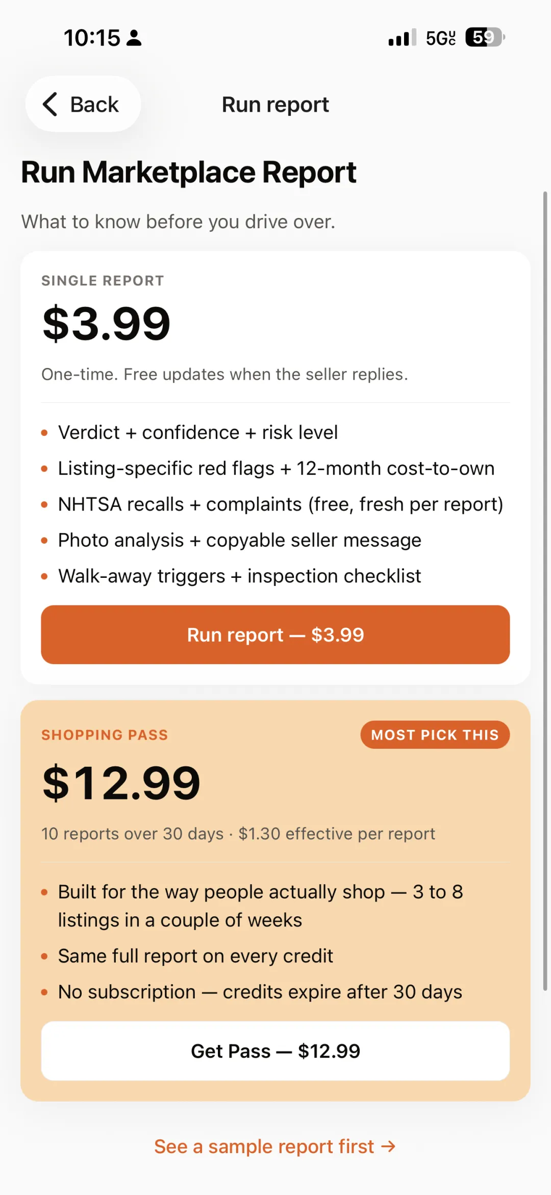 VINly pricing: a single report for $3.99 with free updates when the seller replies, or a $12.99 Shopping Pass of 10 reports over 30 days, no subscription. NHTSA recalls and complaints are free.
