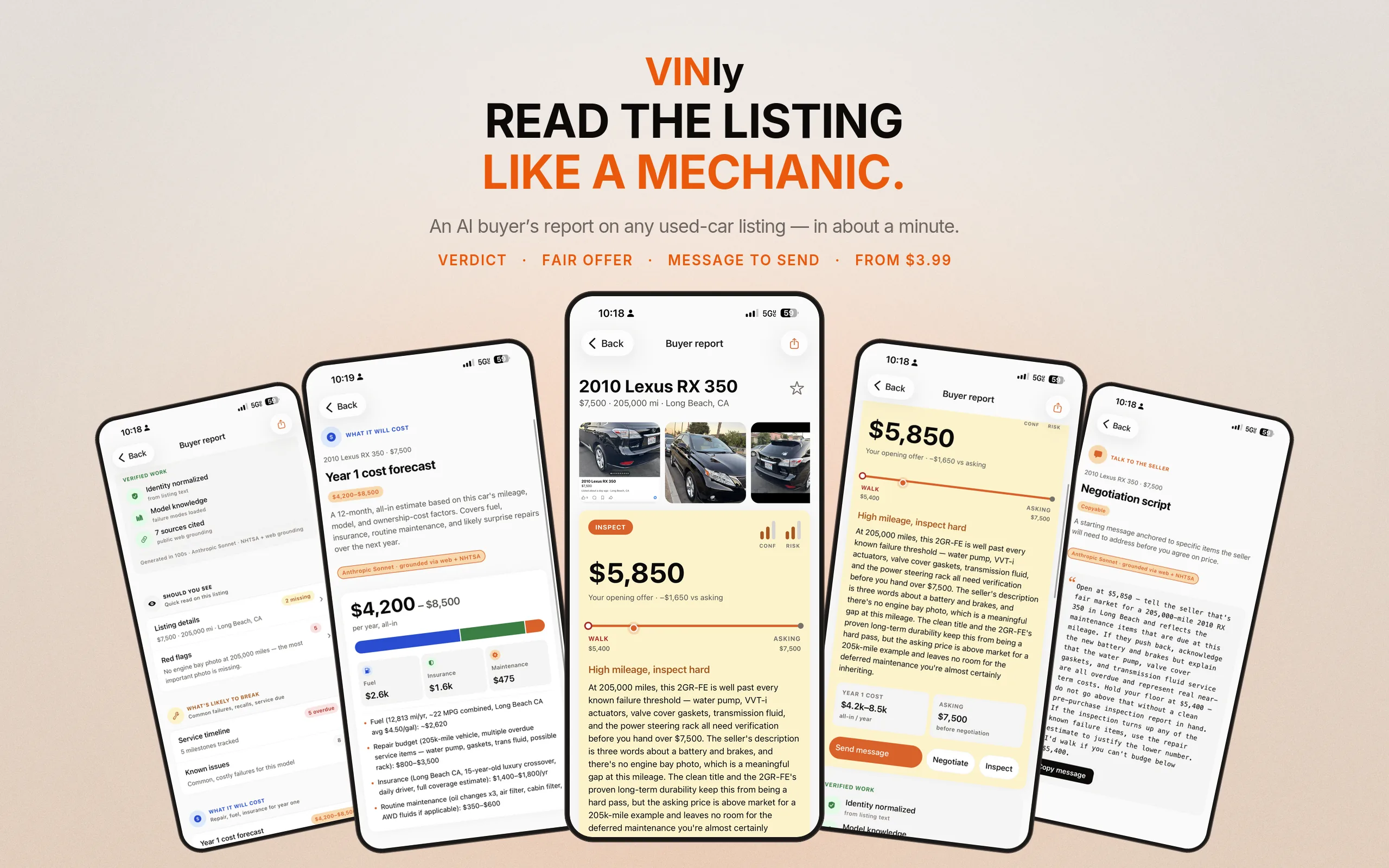 VINly portfolio poster — a warm, cream layout fanning five iPhone screenshots of the AI used-car buyer report.