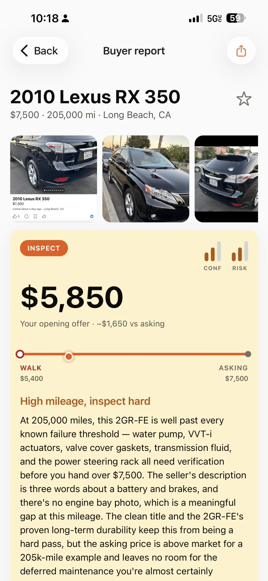 VINly buyer report for a 2010 Lexus RX 350: an INSPECT verdict, a $5,850 opening offer marked −$1,650 versus asking, and a WALK $5,400 to ASKING $7,500 range slider.