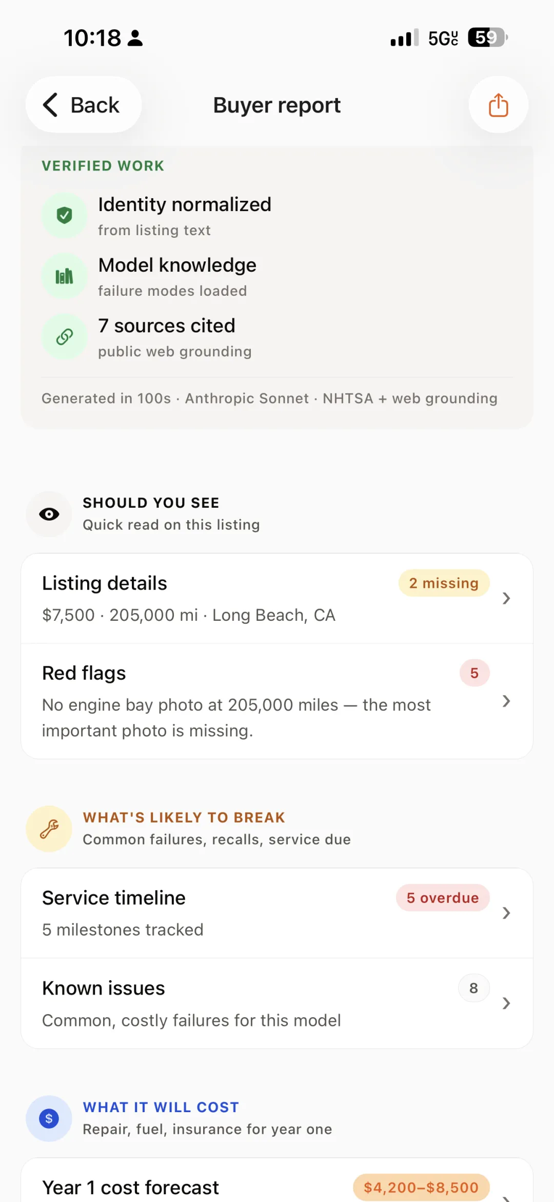 VINly report receipt: Identity normalized, Model knowledge with failure modes loaded, 7 sources cited, 'Generated in 100s · Anthropic Sonnet · NHTSA + web grounding,' above an index of listing details, red flags, service timeline, and known issues, each with a count.