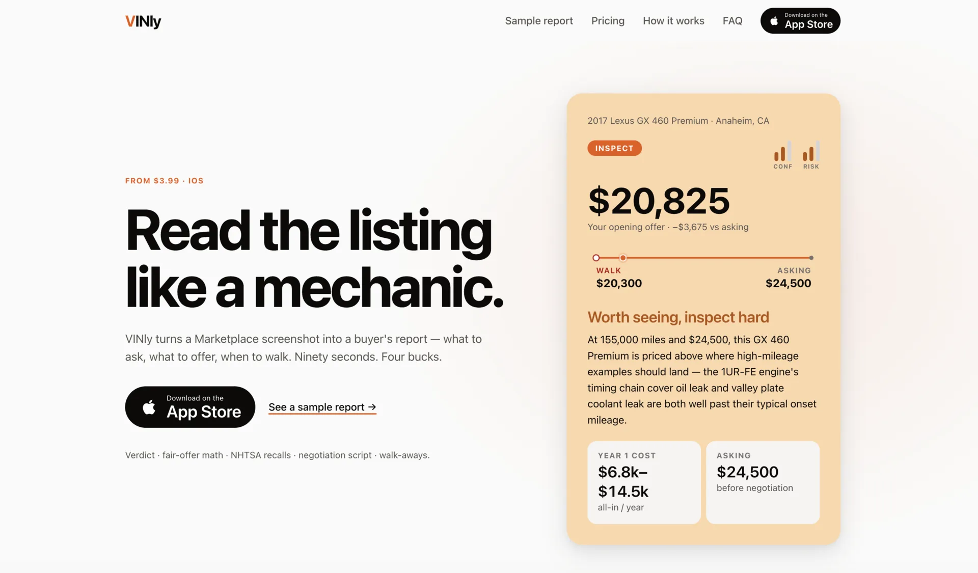 VINly marketing hero, "Read the listing like a mechanic," beside a sample buyer report card.