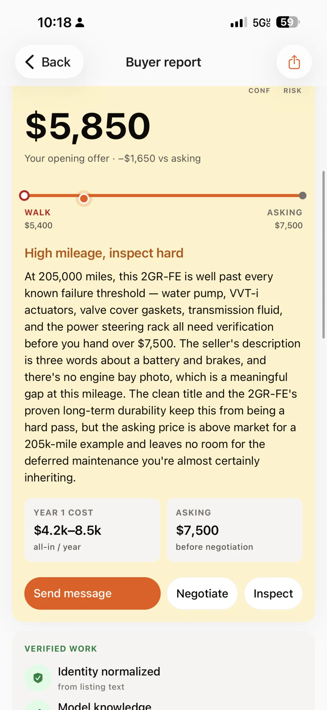 VINly report, scrolled: the $5,850 offer over YEAR 1 COST $4.2k–8.5k and ASKING $7,500 tiles, with Send message, Negotiate, and Inspect action buttons.